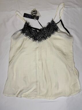 NWT Poof Apparel White Camisole with Black Lace Trim Romantic Summer